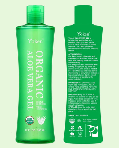 Yoken USDA Certified Organic Aloe Vera Gel 12oz – 99% Pure Aloe Vera Juice, Gel-to-Water Texture, Alcohol Free, No Added Fragrance, Cooling & Refreshing Summer Skincare for Face, Body & Hair Avelisse