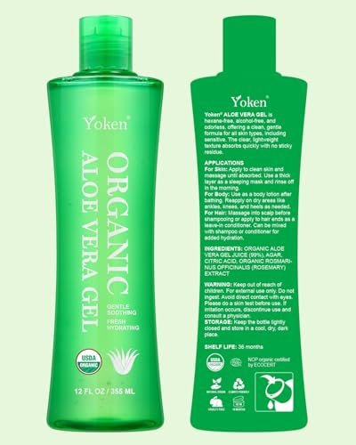 Yoken USDA Certified Organic Aloe Vera Gel 12oz – 99% Pure Aloe Vera Juice, Gel-to-Water Texture, Alcohol Free, No Added Fragrance, Cooling & Refreshing Summer Skincare for Face, Body & Hair Avelisse