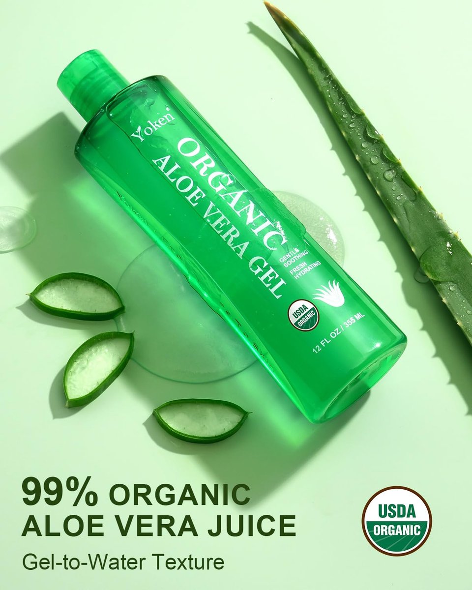 Yoken USDA Certified Organic Aloe Vera Gel 12oz – 99% Pure Aloe Vera Juice, Gel-to-Water Texture, Alcohol Free, No Added Fragrance, Cooling & Refreshing Summer Skincare for Face, Body & Hair Avelisse