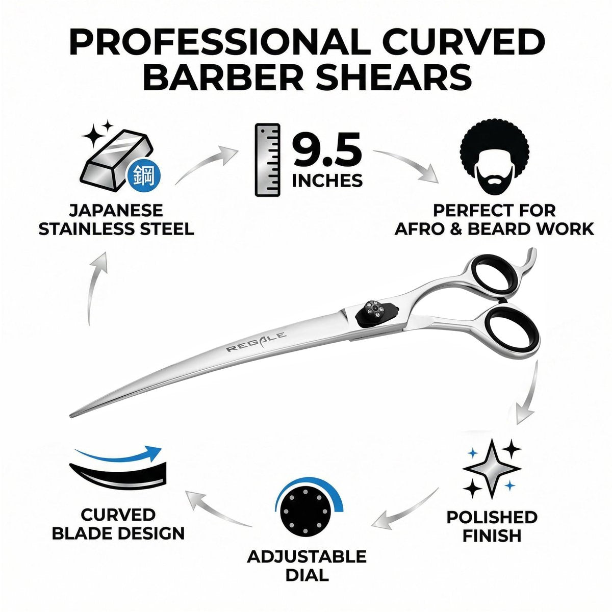 Regale Barber Supply 9.5-Inch Afro and Beard Deluxe Barber Curved Shear – Hand-Crafted Japanese Steel - görsel 5