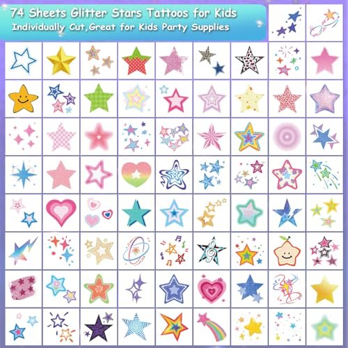 CHARLENT Glitter Stars Temporary Tattoos for Kids - 74 Individually Sheets, Waterproof & Easy Peel, Perfect for Birthday Party Favors & School Rewards - görsel 4