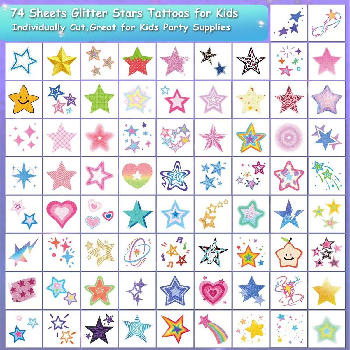 CHARLENT Glitter Stars Temporary Tattoos for Kids - 74 Individually Sheets, Waterproof & Easy Peel, Perfect for Birthday Party Favors & School Rewards - görsel 3