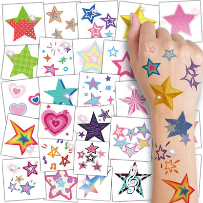 CHARLENT Glitter Stars Temporary Tattoos for Kids - 74 Individually Sheets, Waterproof & Easy Peel, Perfect for Birthday Party Favors & School Rewards