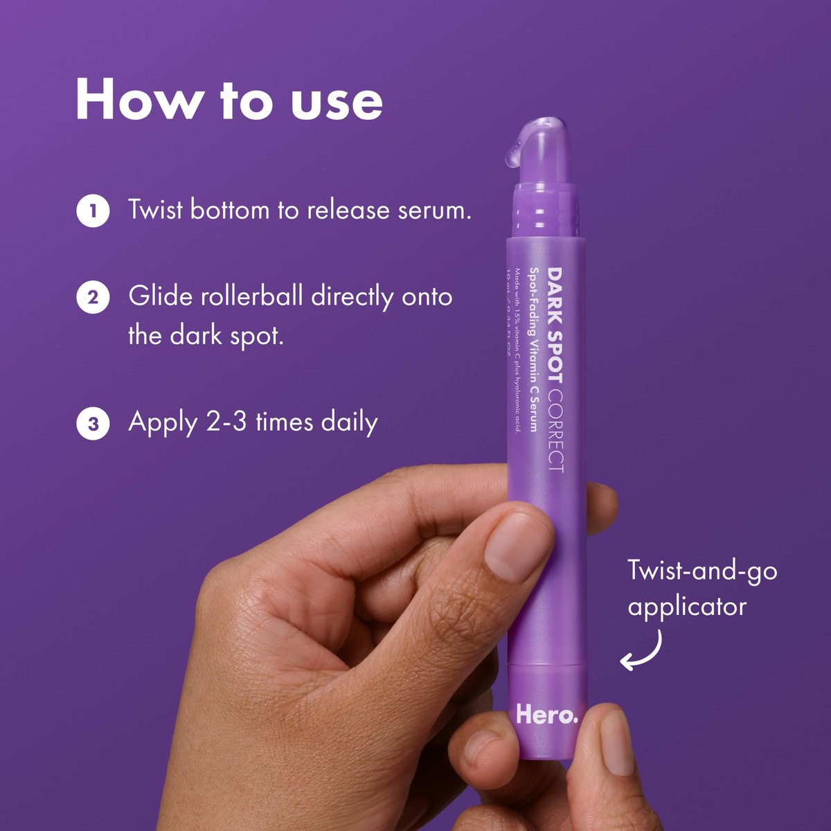 Hero Cosmetics Dark Spot Correct Spot-Fading 15% Vitamin C Serum with Hyaluronic Acid – Improves Post-Blemish Marks in 7 Days – Twist Applicator & Rollerball Tip – 10mL - görsel 9