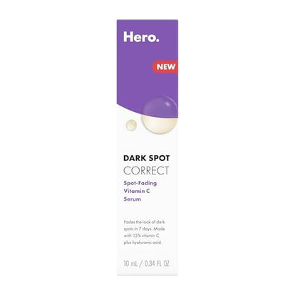 Hero Cosmetics Dark Spot Correct Spot-Fading 15% Vitamin C Serum with Hyaluronic Acid – Improves Post-Blemish Marks in 7 Days – Twist Applicator & Rollerball Tip – 10mL
