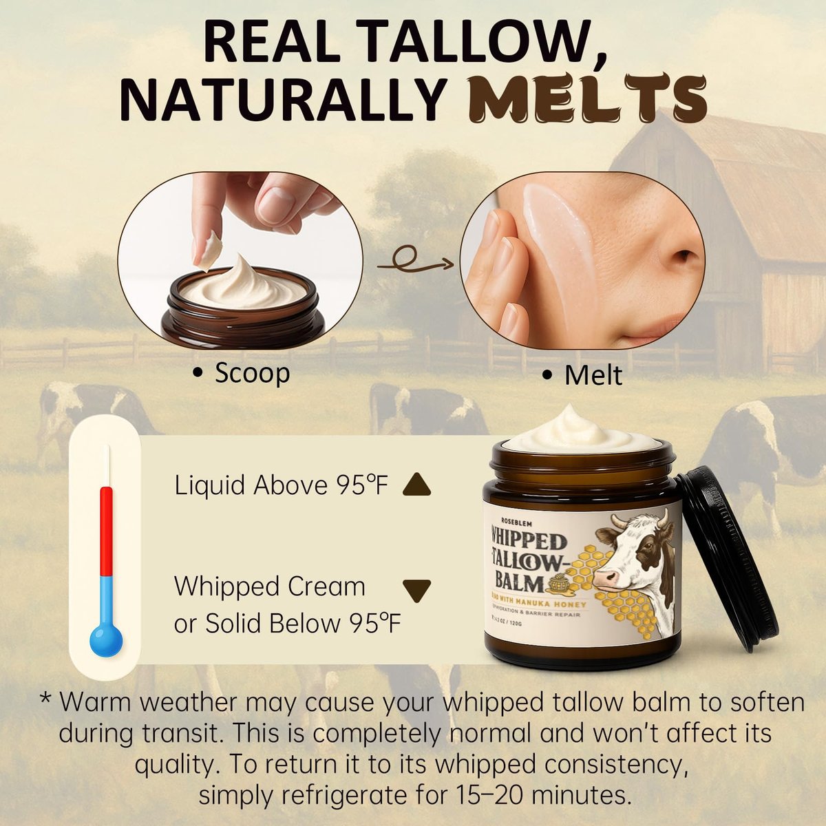 Roseblem Whipped Tallow Balm for Face – 100% Grass-Fed Organic Beef Tallow Cream with Manuka Honey & Beeswax – Nourishing & Repairing Moisturizer for Sensitive, Dry, or Eczema-Prone Skin, 4.2 oz - görsel 9