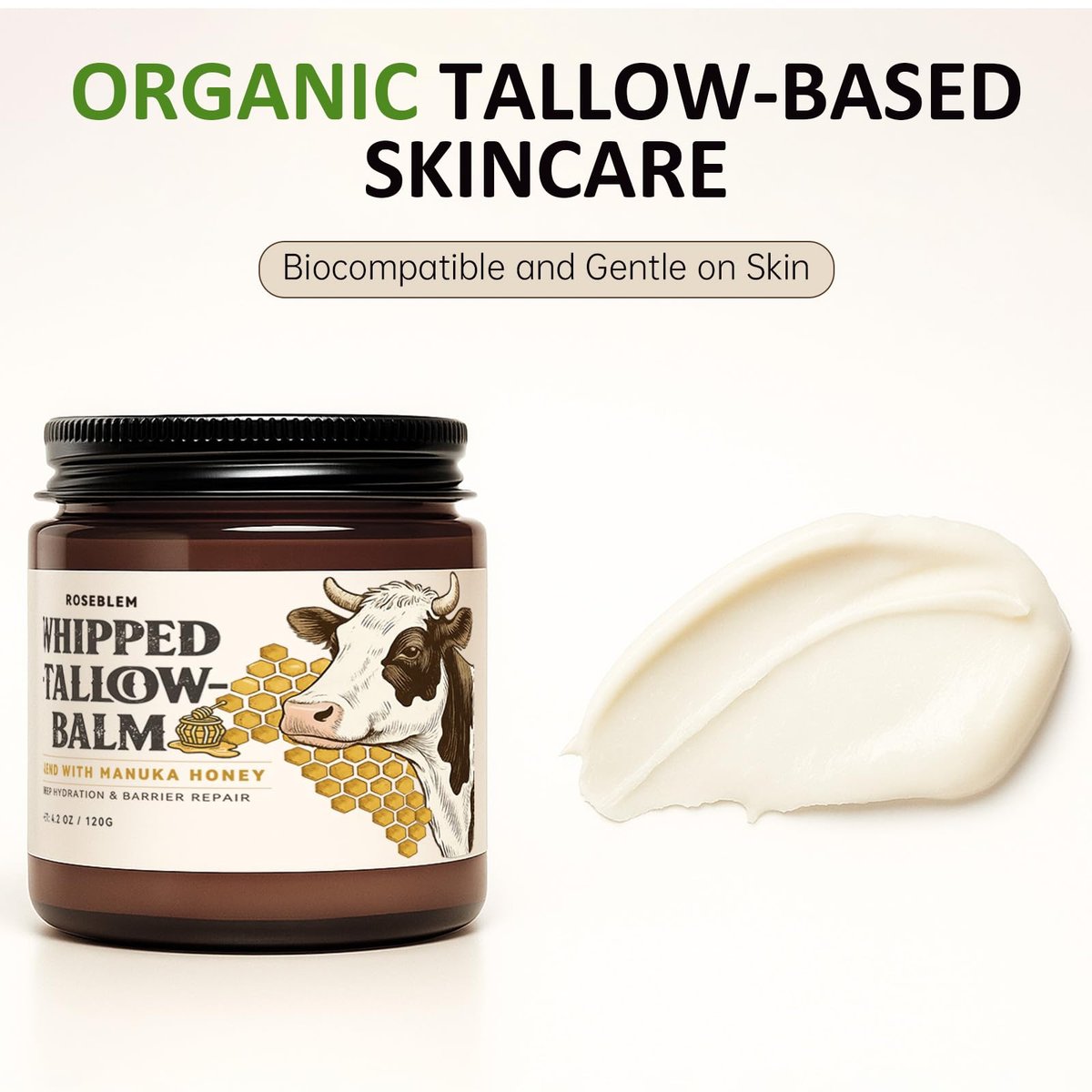 Roseblem Whipped Tallow Balm for Face – 100% Grass-Fed Organic Beef Tallow Cream with Manuka Honey & Beeswax – Nourishing & Repairing Moisturizer for Sensitive, Dry, or Eczema-Prone Skin, 4.2 oz - görsel 3