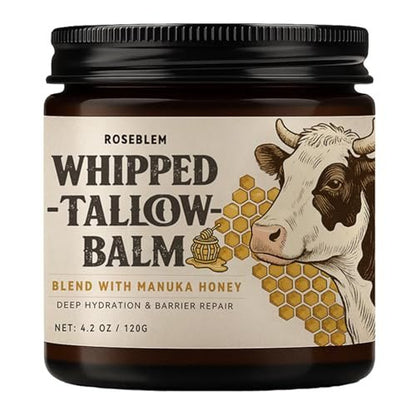 Roseblem Whipped Tallow Balm for Face – 100% Grass-Fed Organic Beef Tallow Cream with Manuka Honey & Beeswax – Nourishing & Repairing Moisturizer for Sensitive, Dry, or Eczema-Prone Skin, 4.2 oz