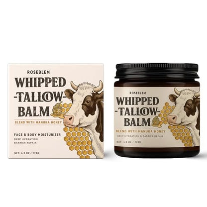 Roseblem Whipped Tallow Balm for Face – 100% Grass-Fed Organic Beef Tallow Cream with Manuka Honey & Beeswax – Nourishing & Repairing Moisturizer for Sensitive, Dry, or Eczema-Prone Skin, 4.2 oz