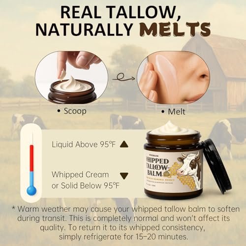 Roseblem Whipped Tallow Balm for Face – 100% Grass-Fed Organic Beef Tallow Cream with Manuka Honey & Beeswax – Nourishing & Repairing Moisturizer for Sensitive, Dry, or Eczema-Prone Skin, 4.2 oz - görsel 10