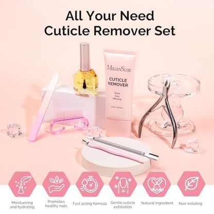 MelodySusie Cuticle Remover Kit – 60g Cream, 15ml Oil, Nipper, Pusher, File & Brush – Complete Manicure Set for Nail Care