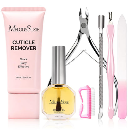 MelodySusie Cuticle Remover Kit – 60g Cream, 15ml Oil, Nipper, Pusher, File & Brush – Complete Manicure Set for Nail Care