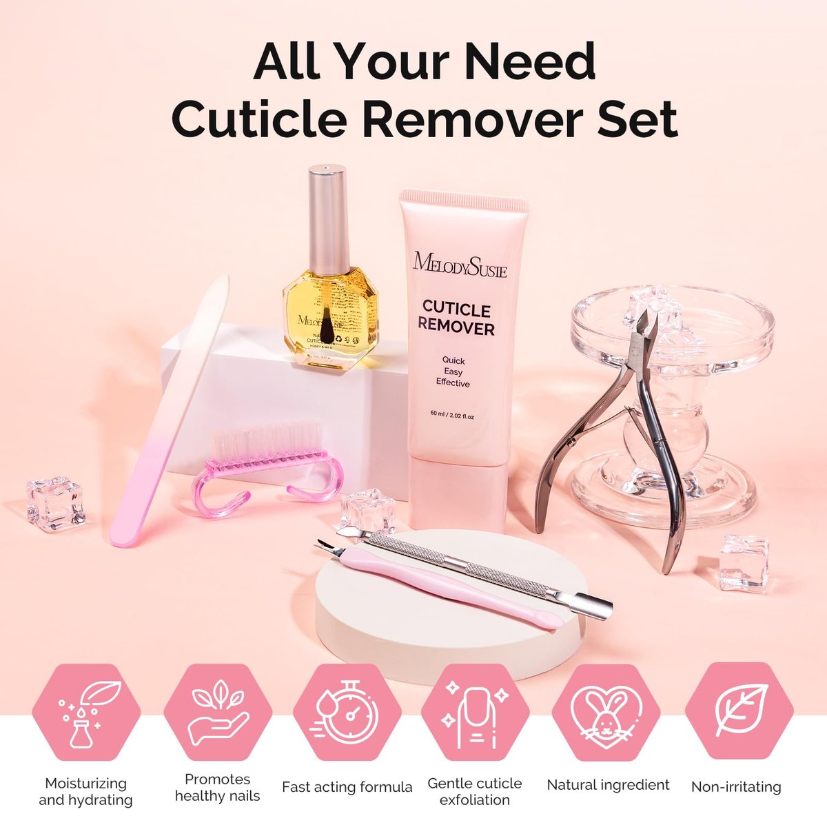 MelodySusie Cuticle Remover Kit – 60g Cream, 15ml Oil, Nipper, Pusher, File & Brush – Complete Manicure Set for Nail Care - görsel 4