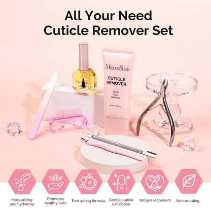MelodySusie Cuticle Remover Kit – 60g Cream, 15ml Oil, Nipper, Pusher, File & Brush – Complete Manicure Set for Nail Care