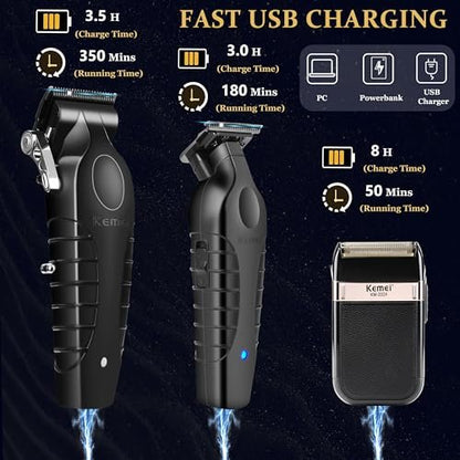 KEMEI Professional Hair Clippers & Beard Trimmer Set – Cordless Rechargeable Barber Clippers for Men (KM-2299, KM-2296, KM-2024) Avelisse