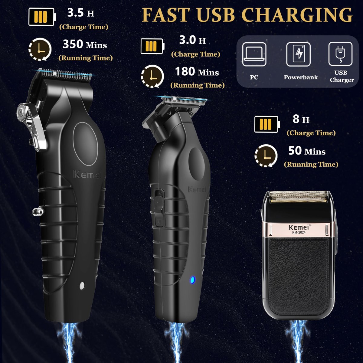 KEMEI Professional Hair Clippers & Beard Trimmer Set – Cordless Rechargeable Barber Clippers for Men (KM-2299, KM-2296, KM-2024) Avelisse
