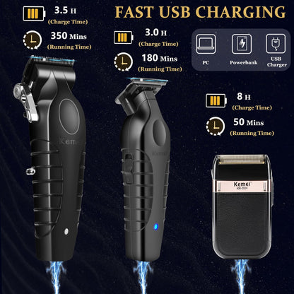 KEMEI Professional Hair Clippers & Beard Trimmer Set – Cordless Rechargeable Barber Clippers for Men (KM-2299, KM-2296, KM-2024) Avelisse