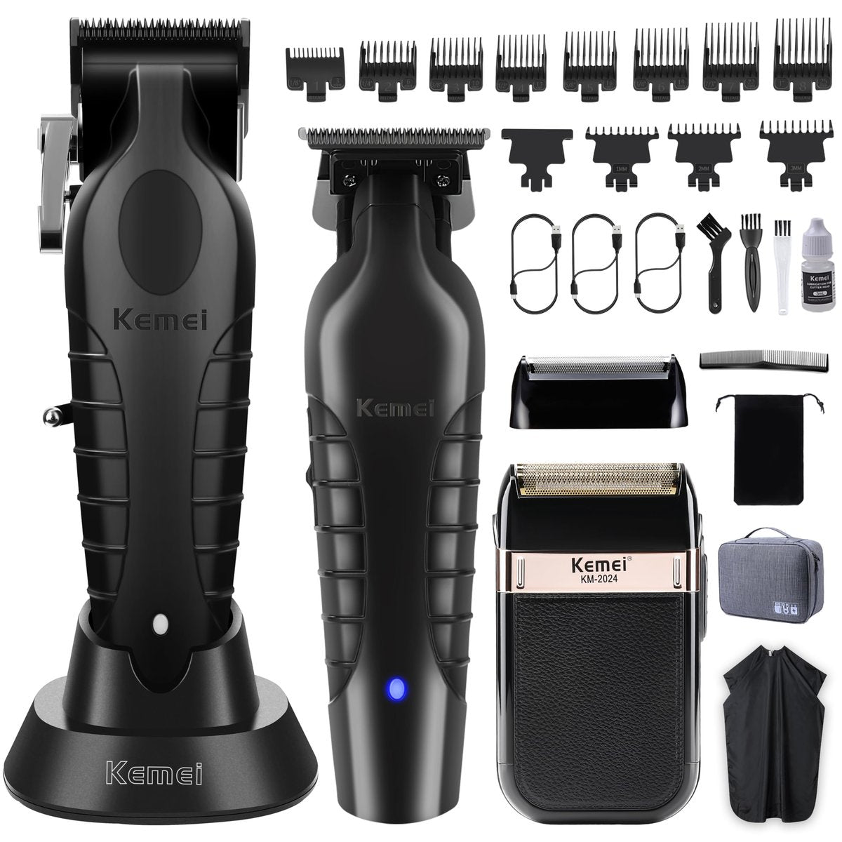 KEMEI Professional Hair Clippers & Beard Trimmer Set – Cordless Rechargeable Barber Clippers for Men (KM-2299, KM-2296, KM-2024) Avelisse