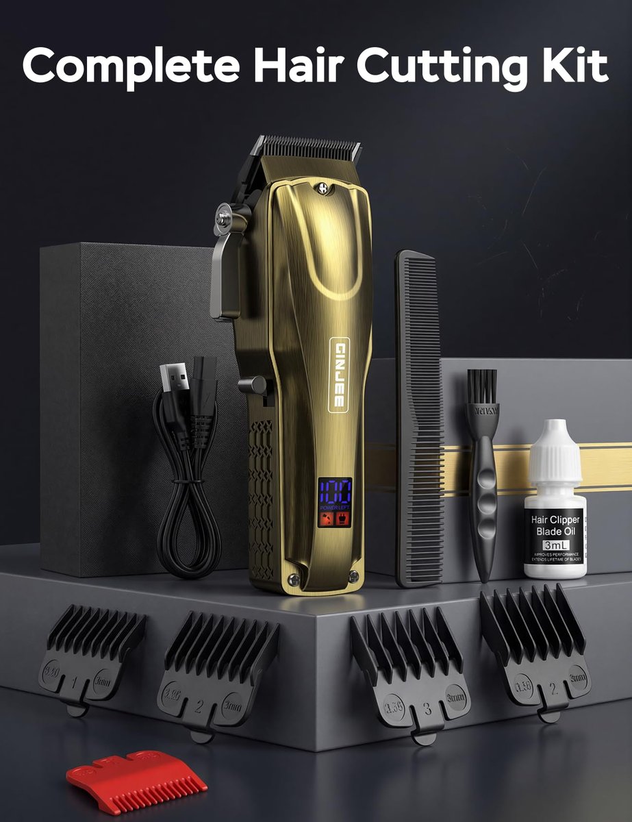 GinJee Hair Clippers for Men, Cordless & Corded Barber Clipper with 5Hrs Runtime, 7000RPM Rotary Motor & LED Display, Waterproof Professional Hair Cutting Kit for Men and Home Use (Gold) Avelisse
