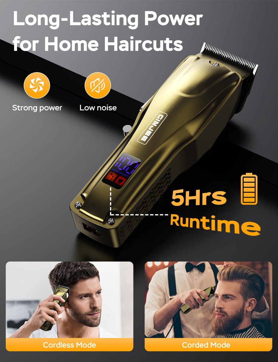GinJee Hair Clippers for Men, Cordless & Corded Barber Clipper with 5Hrs Runtime, 7000RPM Rotary Motor & LED Display, Waterproof Professional Hair Cutting Kit for Men and Home Use (Gold) Avelisse
