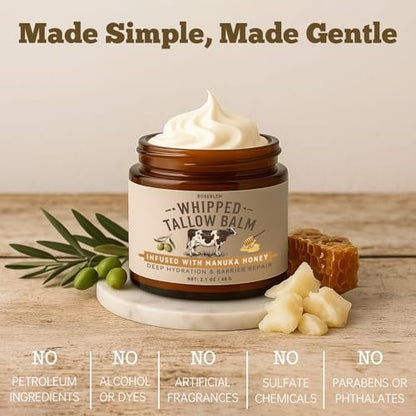 Roseblem Whipped Tallow Honey Balm – 100% Organic Grass-Fed Beef Tallow Moisturizer with Raw Honey for Dry & Sensitive Skin, 2.1 Oz