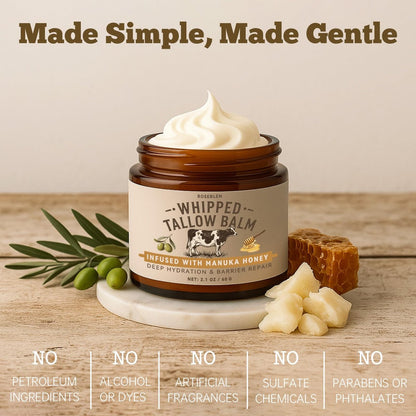 Roseblem Whipped Tallow Honey Balm – 100% Organic Grass-Fed Beef Tallow Moisturizer with Raw Honey for Dry & Sensitive Skin, 2.1 Oz
