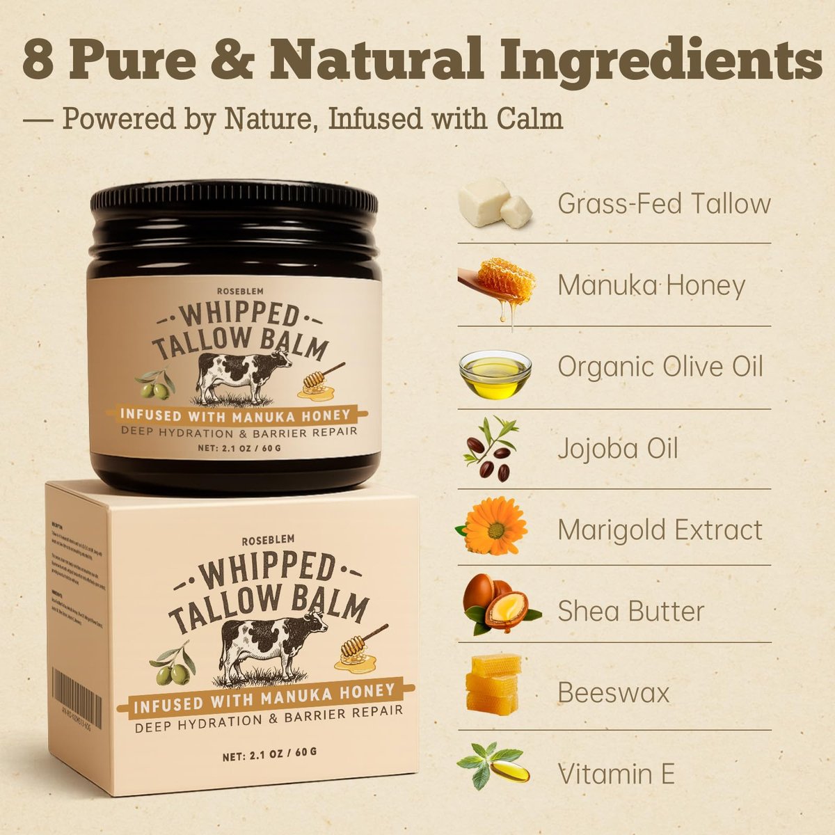 Roseblem Whipped Tallow Honey Balm – 100% Organic Grass-Fed Beef Tallow Moisturizer with Raw Honey for Dry & Sensitive Skin, 2.1 Oz - görsel 13