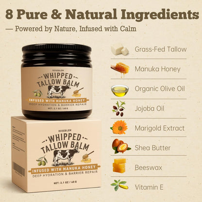 Roseblem Whipped Tallow Honey Balm – 100% Organic Grass-Fed Beef Tallow Moisturizer with Raw Honey for Dry & Sensitive Skin, 2.1 Oz