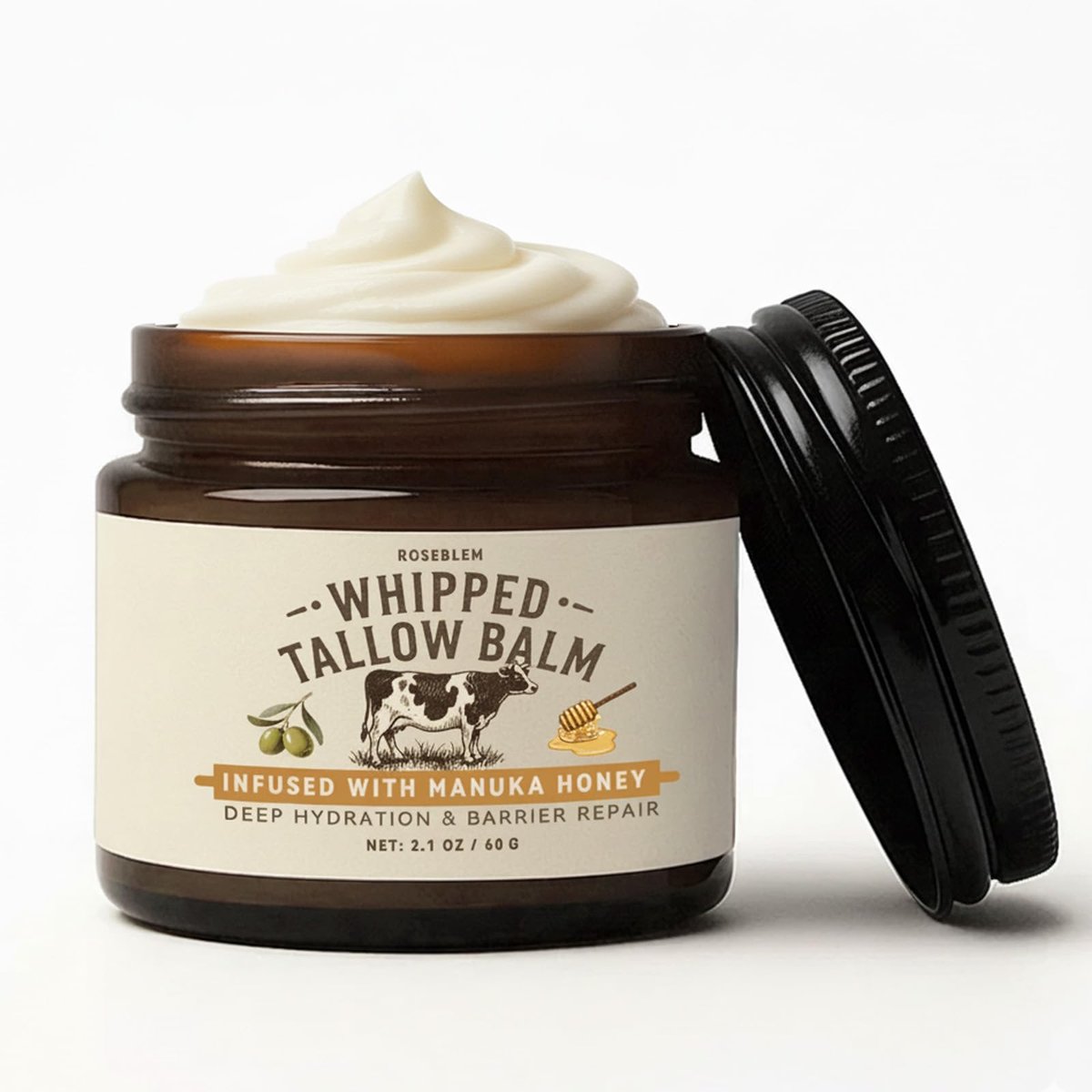 Roseblem Whipped Tallow Honey Balm – 100% Organic Grass-Fed Beef Tallow Moisturizer with Raw Honey for Dry & Sensitive Skin, 2.1 Oz - görsel 1