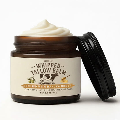 Roseblem Whipped Tallow Honey Balm – 100% Organic Grass-Fed Beef Tallow Moisturizer with Raw Honey for Dry & Sensitive Skin, 2.1 Oz