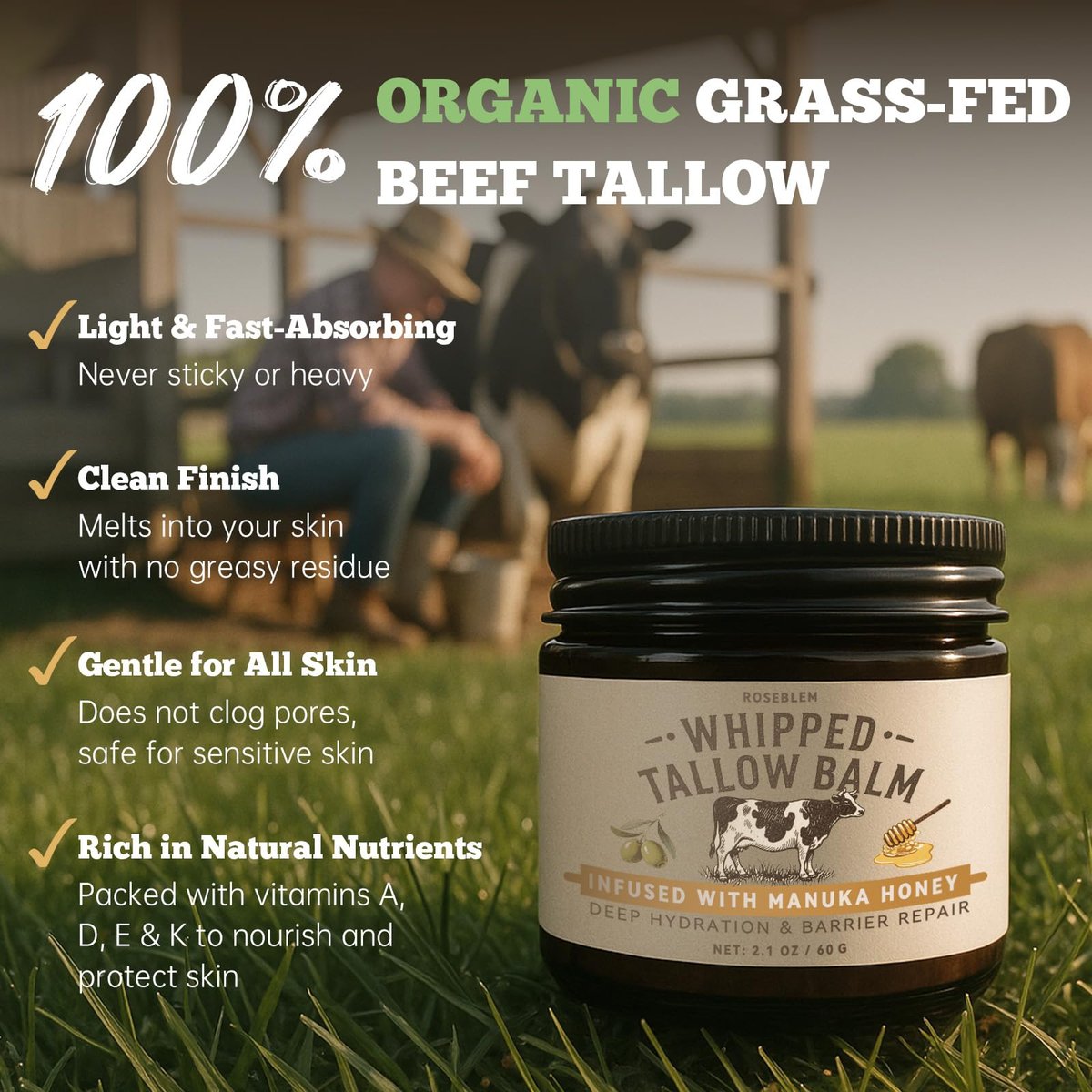 Roseblem Whipped Tallow Honey Balm – 100% Organic Grass-Fed Beef Tallow Moisturizer with Raw Honey for Dry & Sensitive Skin, 2.1 Oz - görsel 7