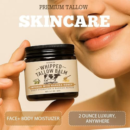 Roseblem Whipped Tallow Honey Balm – 100% Organic Grass-Fed Beef Tallow Moisturizer with Raw Honey for Dry & Sensitive Skin, 2.1 Oz