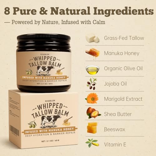 Roseblem Whipped Tallow Honey Balm – 100% Organic Grass-Fed Beef Tallow Moisturizer with Raw Honey for Dry & Sensitive Skin, 2.1 Oz - görsel 14