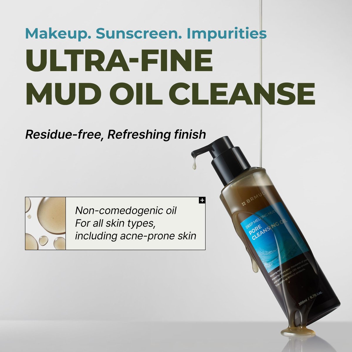 BRMUD Deep Melting Mud Pore Cleansing Oil - Gentle Makeup Remover & Facial Cleanser with Boryeong Mud, Sunflower Seed & 7 Fermented Oils - Vegan & Non-Comedogenic Korean Skincare (6.76 fl oz) Avelisse