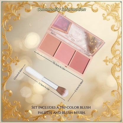 3-in-1 Matte Powder Blush Palette with Pro Brush – Versatile Face Makeup Contour Kit for All Skin Tones – Long-Lasting, Blendable Cheek Color Trio – Travel Size for Natural Beauty