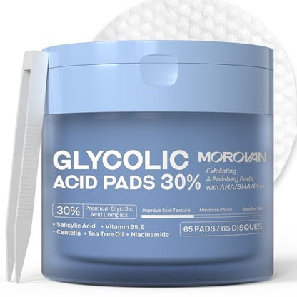 Morovan Glycolic Acid Pads 30%: Dual-Sided Face Exfoliator for Blemishes and Deep Cleaning, Clarifying Skin Tone, At-Home Peel, 65 Pads Avelisse