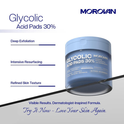 Morovan Glycolic Acid Pads 30%: Dual-Sided Face Exfoliator for Blemishes and Deep Cleaning, Clarifying Skin Tone, At-Home Peel, 65 Pads Avelisse