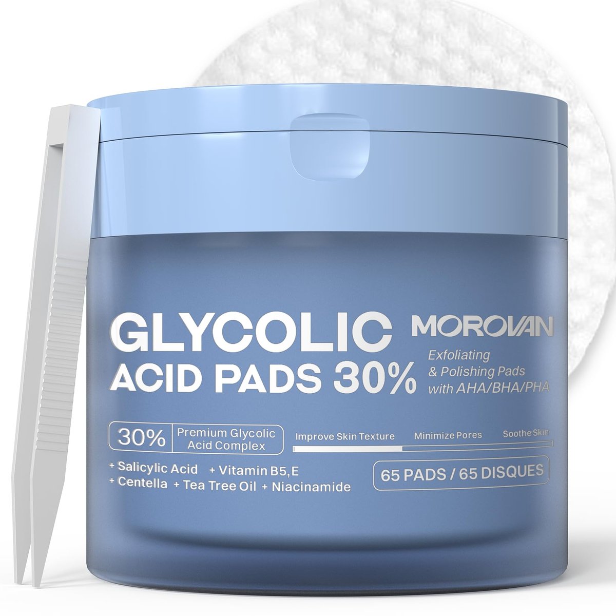 Morovan Glycolic Acid Pads 30%: Dual-Sided Face Exfoliator for Blemishes and Deep Cleaning, Clarifying Skin Tone, At-Home Peel, 65 Pads Avelisse