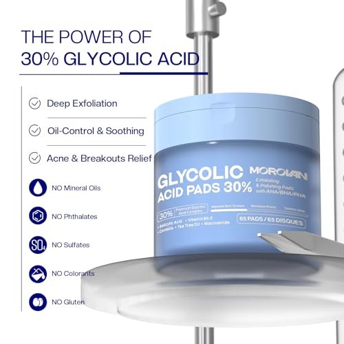 Morovan Glycolic Acid Pads 30%: Dual-Sided Face Exfoliator for Blemishes and Deep Cleaning, Clarifying Skin Tone, At-Home Peel, 65 Pads Avelisse