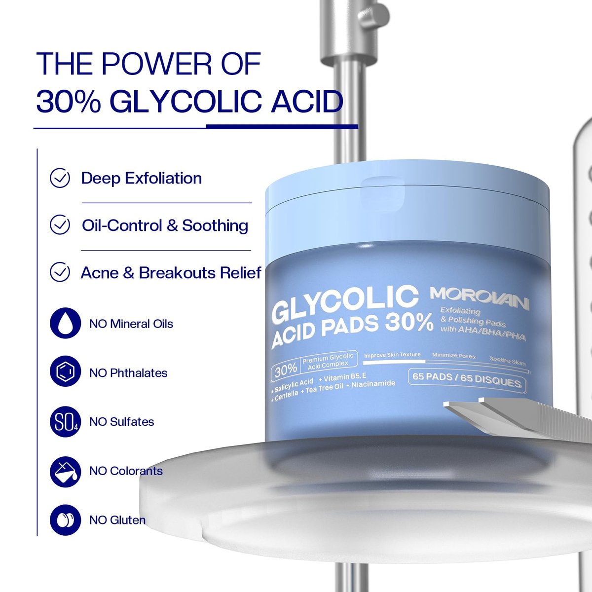 Morovan Glycolic Acid Pads 30%: Dual-Sided Face Exfoliator for Blemishes and Deep Cleaning, Clarifying Skin Tone, At-Home Peel, 65 Pads Avelisse