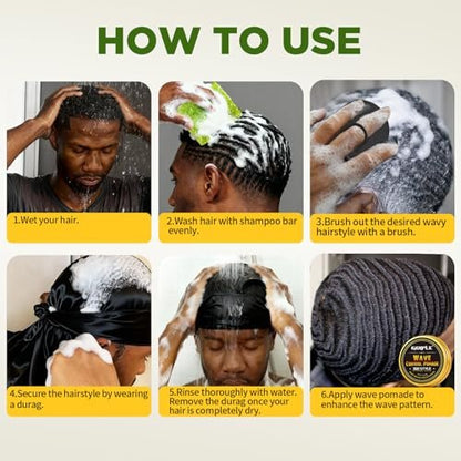 360 Wave Pomade Soap Shampoo Bar & Wooden Holder for Men - Strong Hold Easy Wash Training Hair Cream with Silky Satin Durag & Waves Cap Kit for Black Hair Avelisse
