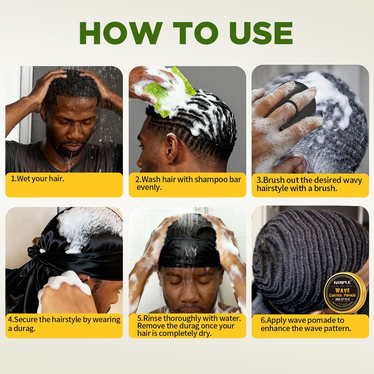 360 Wave Pomade Soap Shampoo Bar & Wooden Holder for Men - Strong Hold Easy Wash Training Hair Cream with Silky Satin Durag & Waves Cap Kit for Black Hair Avelisse
