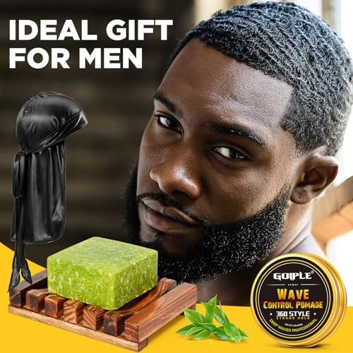 360 Wave Pomade Soap Shampoo Bar & Wooden Holder for Men - Strong Hold Easy Wash Training Hair Cream with Silky Satin Durag & Waves Cap Kit for Black Hair Avelisse