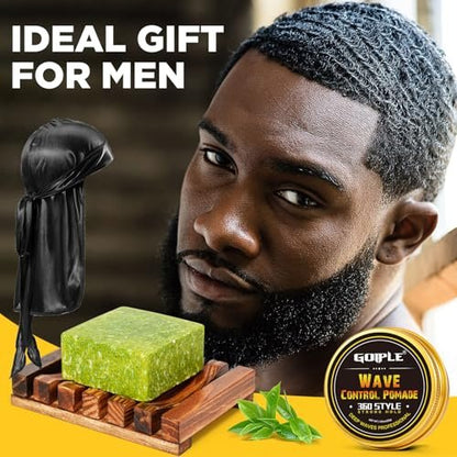 360 Wave Pomade Soap Shampoo Bar & Wooden Holder for Men - Strong Hold Easy Wash Training Hair Cream with Silky Satin Durag & Waves Cap Kit for Black Hair Avelisse