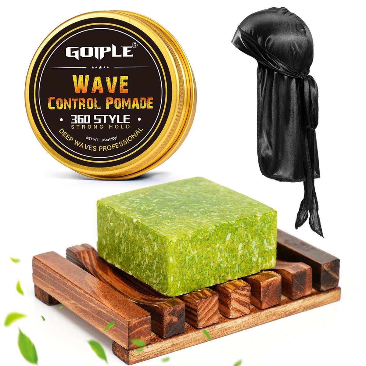 360 Wave Pomade Soap Shampoo Bar & Wooden Holder for Men - Strong Hold Easy Wash Training Hair Cream with Silky Satin Durag & Waves Cap Kit for Black Hair Avelisse