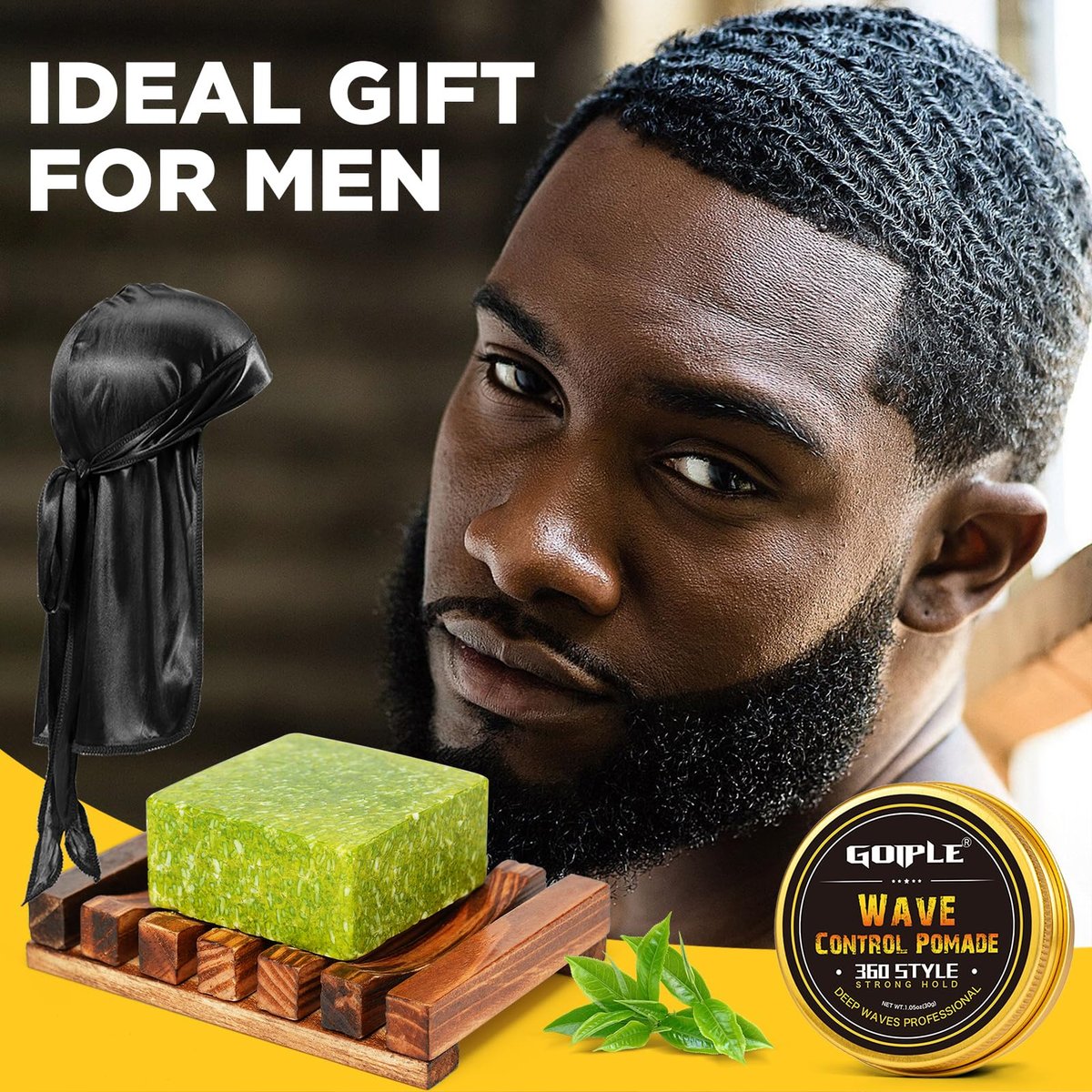 360 Wave Pomade Soap Shampoo Bar & Wooden Holder for Men - Strong Hold Easy Wash Training Hair Cream with Silky Satin Durag & Waves Cap Kit for Black Hair Avelisse