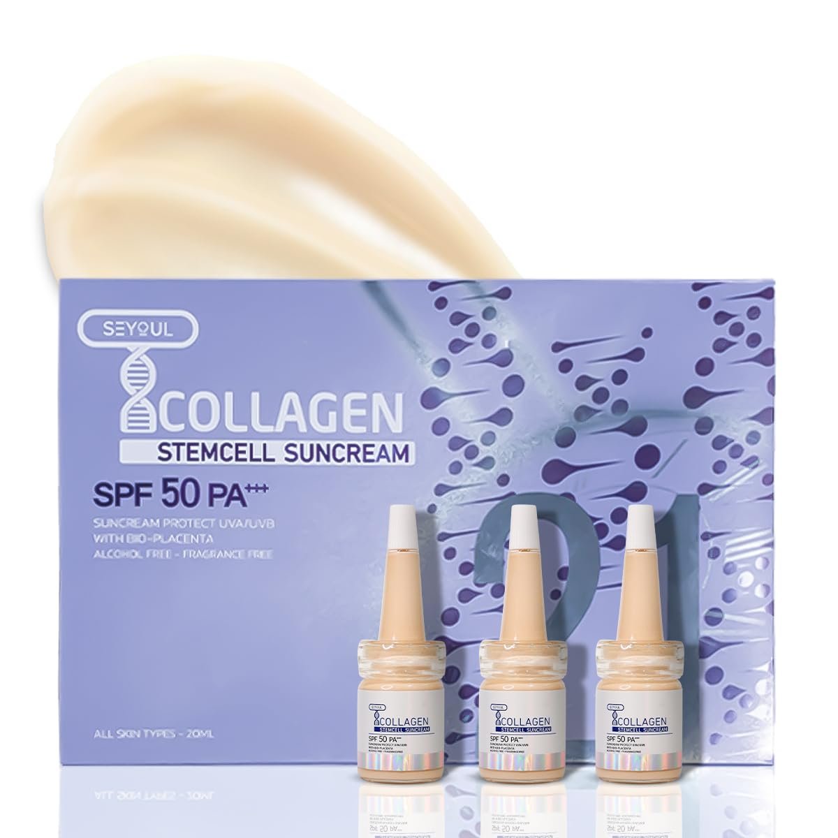 SEYOUL T-Collagen Sunscreen Serum SPF50+ – Lightweight UV Defense, No White Cast, Collagen + Stem-Cell Complex for Sensitive Skin (4 Bottles) Avelisse