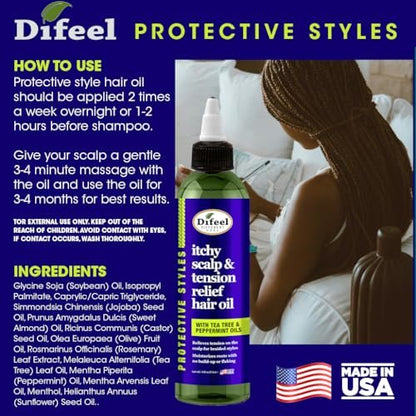 Difeel Itchy Scalp & Tension Relief Hair Oil with Tea Tree & Peppermint Oils for Braided Styles 8 oz