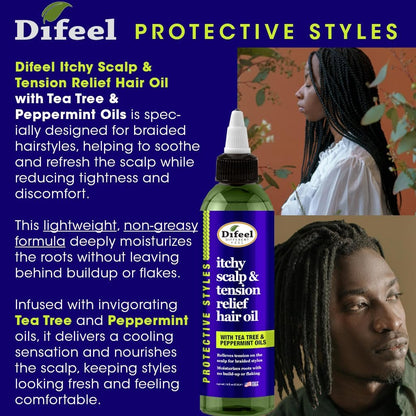 Difeel Itchy Scalp & Tension Relief Hair Oil with Tea Tree & Peppermint Oils for Braided Styles 8 oz