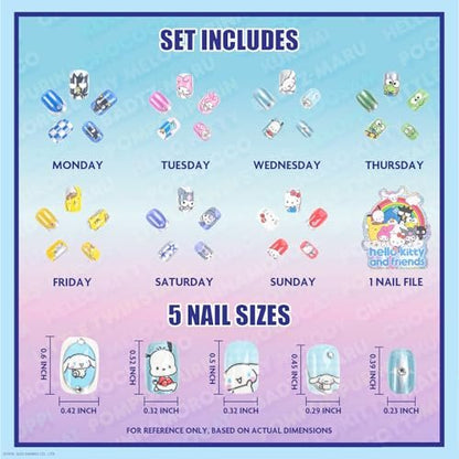 Hello Kitty and Friends 84 Pcs Glitter-Glamup & Metallic Press-On Nails Set for Kids, Girls, Tweens Ages 6+ by Townley Girl